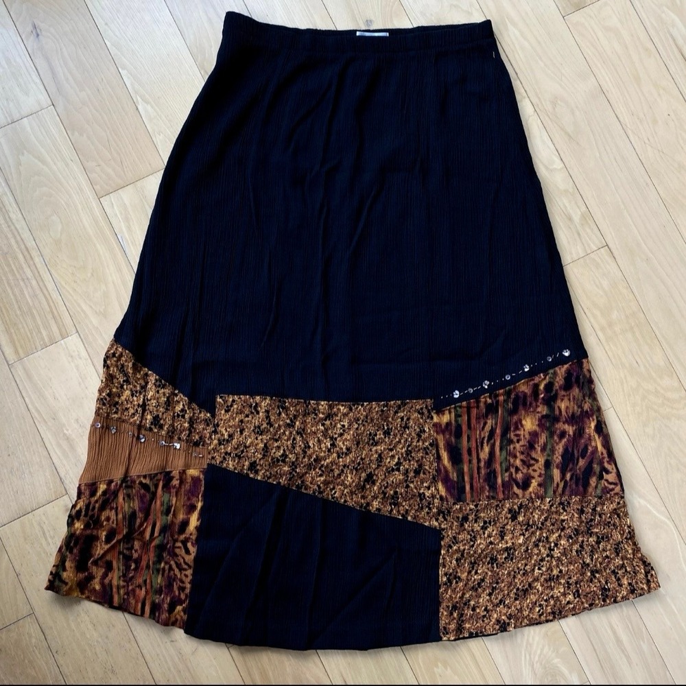 Napa Valley Whimsigoth Black Maxi Skirt Boho Patchwork Print Beaded Sequins - M